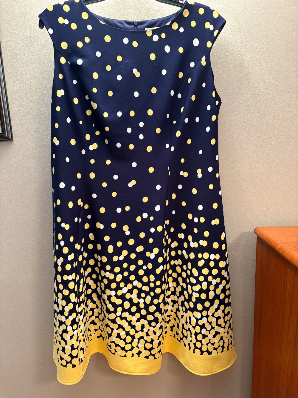 London Times Navy Blue Dress with Yellow and White Polka Dots
